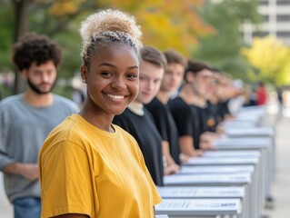 Fototapeta premium A smiling young woman stands in front of a line of people, promoting engagement or participation in an outdoor activity or event.
