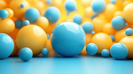 Naklejka premium A Large Blue Sphere Rests on a Blue Surface Among Smaller Yellow and Blue Spheres