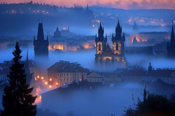Prague s enigmatic fog  a captivating view of church spires in national geographic style