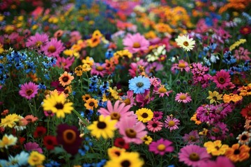 Obraz premium Vibrant wildflower field a colorful tapestry of daisies, cosmos, marigolds, and sunflowers