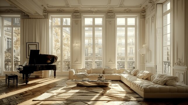 Large Modern Haussmann Living Room with Parquet Floor and Piano in Old Parisian Building