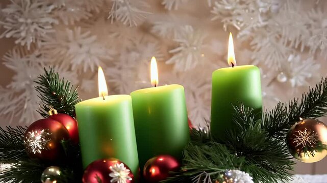 German Christmas background video featuring Advent candles green 4k space text ideal creating traditional holiday greeting card candle fourth decoration gold flames winter vacation tight festive