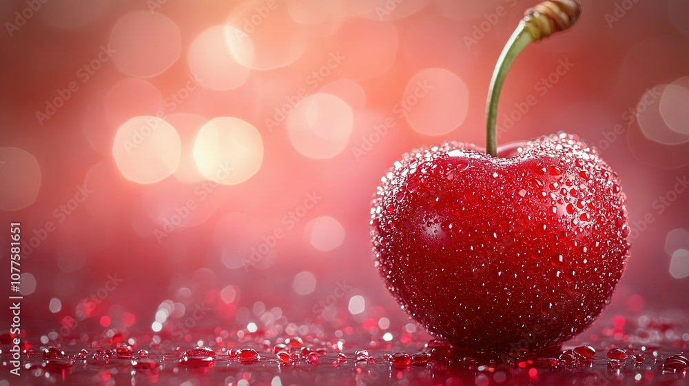 Poster a single red cherry covered in water droplets on a red background with bokeh