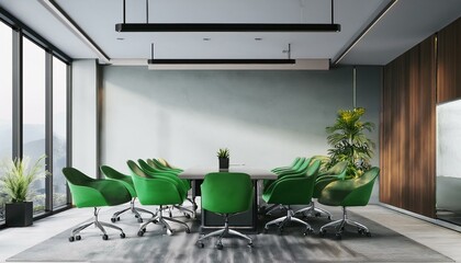 Modern office interior with green chairs and conference table. 3D Rendering