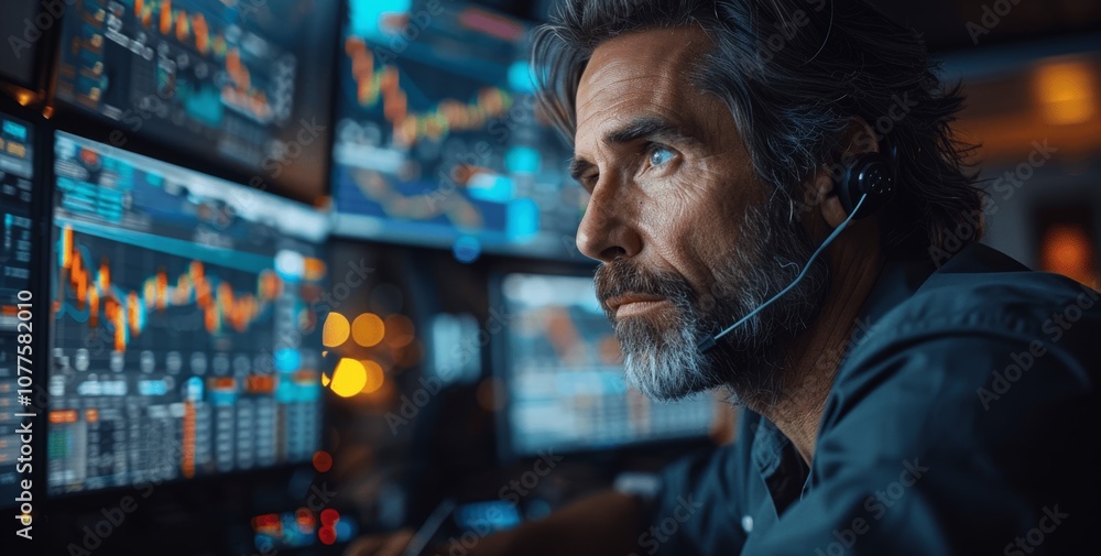 Poster stock market analyst monitoring charts and data for optimal investment strategy in a dark office set