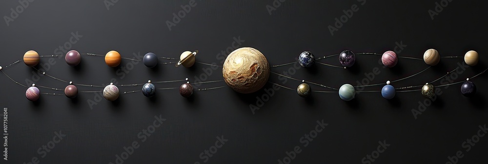 Poster Miniature planets arranged in a line with strings connecting them on a black background.