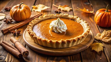 A classic pumpkin pie with a swirl of whipped cream and surrounded by fall foliage and spices.
