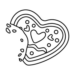 Bitten Gingerbread heart doodle style. Hand drawn black and white isolated holiday baking. Coloring page art therapy, line art Christmas sweet. Vector illustration