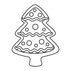 Gingerbread Christmas tree doodle style. Hand drawn black and white isolated holiday baking. Coloring page art therapy, line art Christmas sweet. Vector illustration
