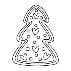 Gingerbread Christmas tree doodle style. Hand drawn black and white isolated holiday baking. Coloring page art therapy, line art Christmas sweet. Vector illustration