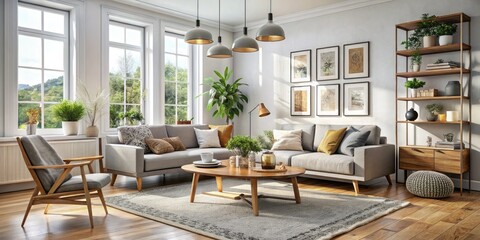 Fototapeta premium Transform your living room with modern Scandinavian furniture, embracing minimalist design and natural light to create a stylish, cozy interior that feels inviting.