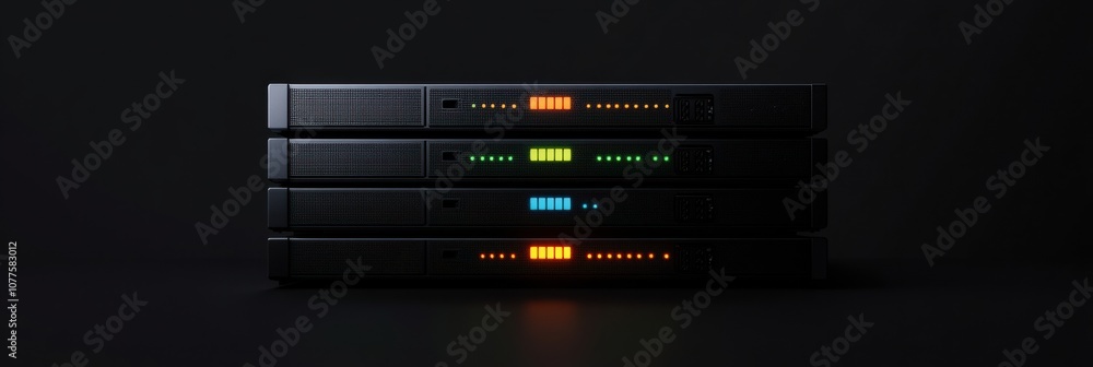 Aufkleber four server units stand in a dimly lit environment, showcasing various blinking lights that indicate