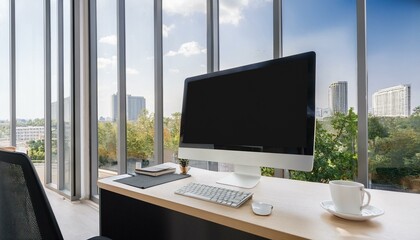 Fototapeta premium Office interior with pc desktop mockup display, coworking and window