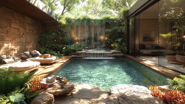 Serene indoor pool surrounded by lush greenery and natural light.