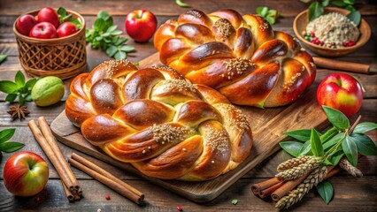 Two Braided Loaves of Bread with Cinnamon Sticks and Apples on a Wooden Cutting Board