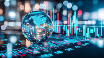 A glass globe sits atop a screen displaying stock market data, symbolizing the global reach of finance.