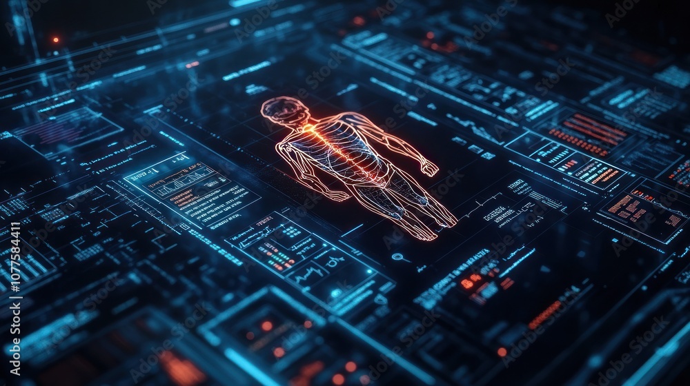 Poster a digital representation of a human skeleton surrounded by futuristic data and digital information.
