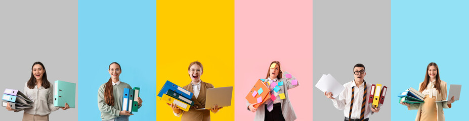 Set of people with folders on color background