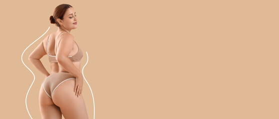 Beautiful plus size woman in underwear on beige background, back view
