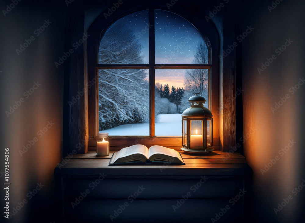 Poster a lit candle sits next to an open book on a windowsill with a wintery scene outside and a lantern wi