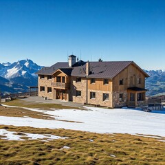 Ski resort lodge on a beautiful mountain range scenic view blue sky snowboard