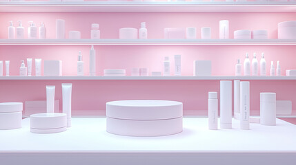 Minimalist display of skincare products on white shelves against pink background, showcasing various containers and bottles in clean, modern aesthetic