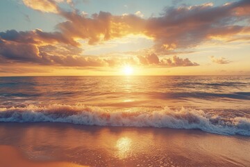 Fototapeta premium Breathtaking sunset over ocean warm hues, gentle waves, and tranquil coastal scene