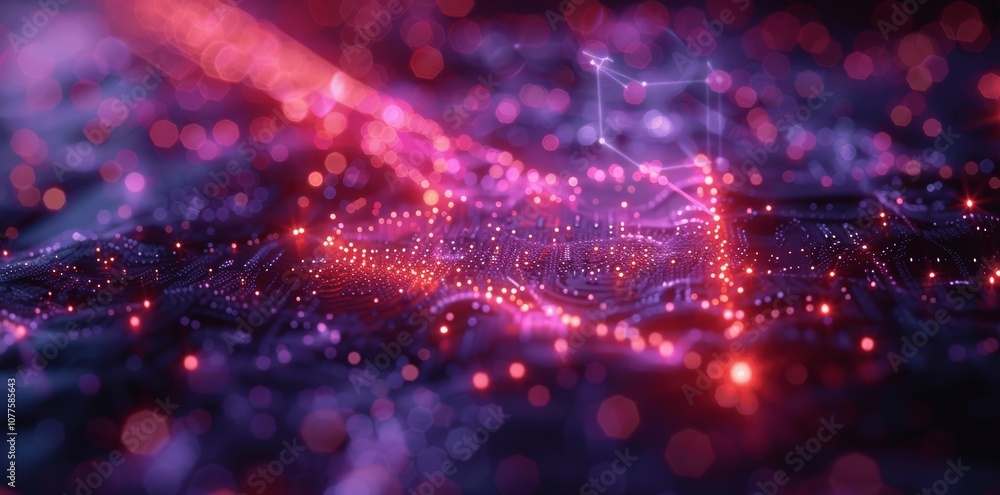 Poster abstract digital arrow in purple and pink with network of dots and lines