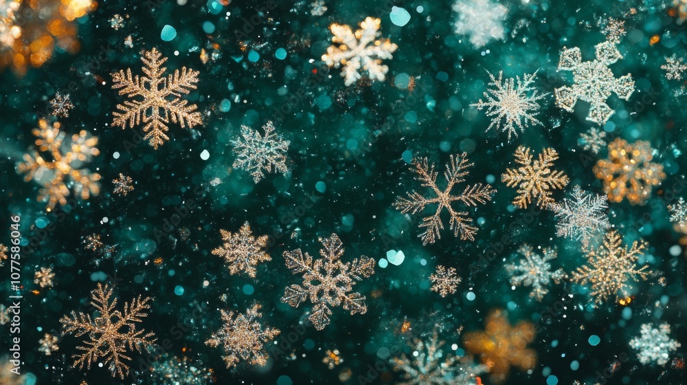 Leinwandbilder close-up image of multiple snowflakes in various sizes and designs falling against a dark teal backg
