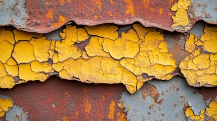 Detailed metal plate with bold rust patterns, fading yellow and orange tones, a mix of smooth and...