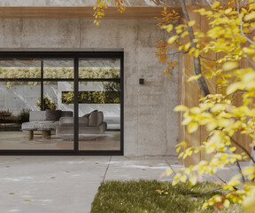 Modern house exterior close up in autumn, 3d rendering