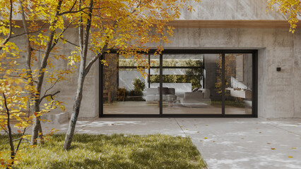 Concrete home exterior with yellow autumn garden behind the house, 3d