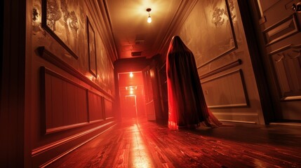Scary red ghost in the hallway, AI generated image