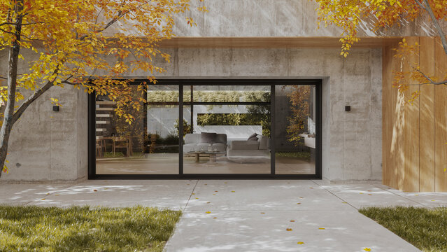 Modern concrete house exterior in autumn, 3d rendering