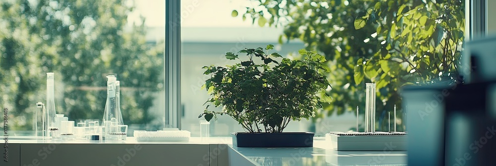 Poster a small potted plant sits on a white countertop in front of a window with a blurry background of tre