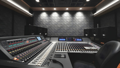 Audio Mixing Console in a Recording Studio with advanced sound production capabilities isolated with white highlights, png