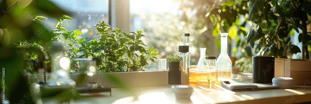 Poster sunlight streams through a window onto a table with glass bottles and plants.