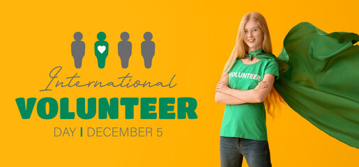 Female volunteer in superhero cape on yellow background