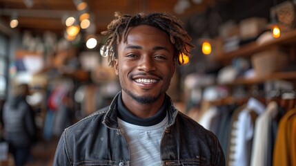 Fototapeta premium A young African American male customer smiling while shopping in a modern clothing store