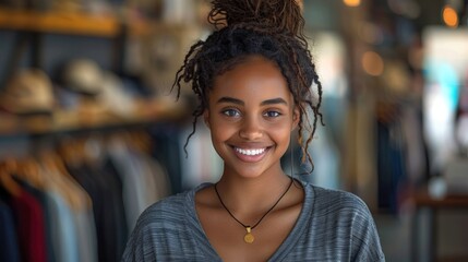 A young African American female salesperson smiling behind the counter of a modern clothing store