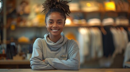 Fototapeta premium A young African American female salesperson smiling behind the counter of a modern clothing store