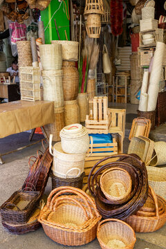 Market stall full of woven baskets in a bazaar in Mexico City 