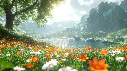 A serene landscape featuring vibrant flowers, a tranquil lake, and majestic mountains.