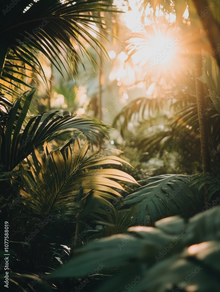 Poster golden sunlight streams through dense green leaves in a tranquil tropical forest, creating a warm an