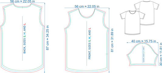 Men's longline t-shirt block pattern in three sizes small, medium, and large.