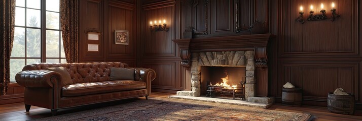 A leather sofa sits in front of a fireplace in a wood-paneled room.