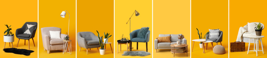 Set of stylish armchairs on yellow background