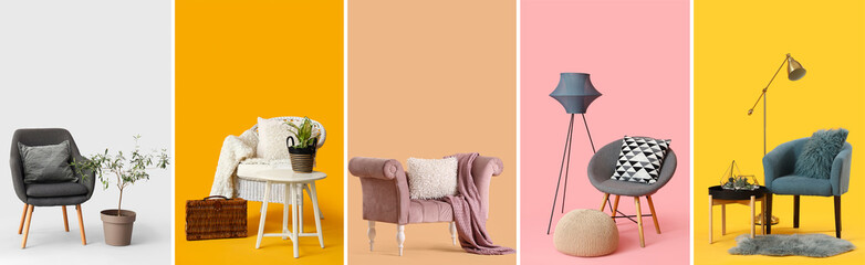 Collage of stylish armchairs on color background