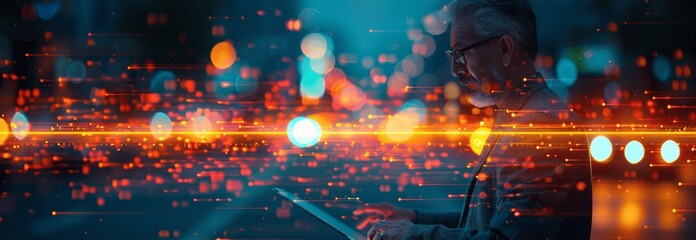 Obraz premium Businessman Using Smart AI Tablet Technology for Innovation and Communication with Artificial Intelligence Chatbot and Future Digital Concepts