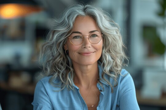 Smiling senior business woman with gray hair working on laptop at desk in modern office, happy professional middle aged female manager executive leader portrait